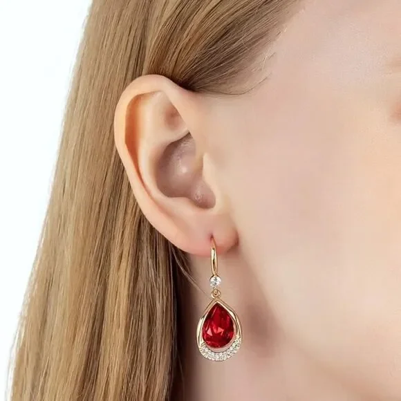 14K Yellow Gold and Ruby Red Austrian Crystal Teardrop Halo Drop Hook Earrings
